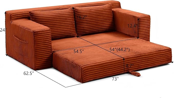73" Convertible Sofa Bed, 2 in 1 Corduroy Folding Couch with Pillows, No Assembly Boneless Compression Sofa in Box, Loveseat with Side Storage Pocket for Apartment, Living Room, Orange