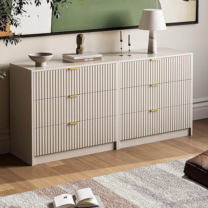 MAISONARIA 3-Piece Dresser Bedroom Set, 5 Drawer Dresser & 3 Drawer Nightstands with Gold Handles, Fluted Wood Chest of Drawers for Bedroom, Living Room, Entryway, Beige