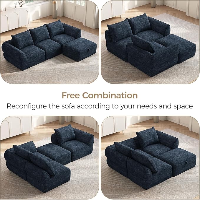 104" Modular Sectional Sofa with Deep Seat, Comfortable Upholstery L Shaped Cloud Couch for Living Room, 3-Seater Boneless Sofa with Movable Ottomans, Removable Cover, No Assembly Required, Aqua Blue