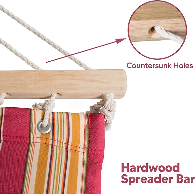 SUNCREAT Double Hammock Quilted Fabric Swing with Spreader Bar, Detachable Pillow, 55” x79” Large Hammock, Red Stripes - Image 5