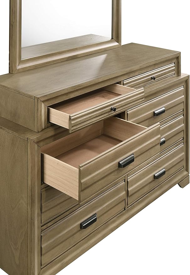 Roundhill Furniture Loiret Light Grey Finish Wood Storage Platform Queen Bedroom Set with Dresser, Mirror, Two Nightstands, Chest