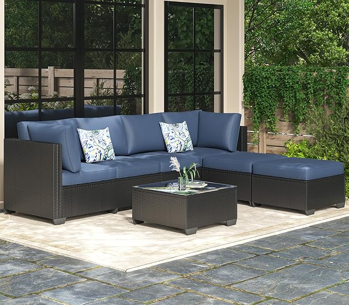 AECOJOY 7 Piece Outdoor Patio Furniture Set, Outdoor Sectional Conversation Furniture Chair with Coffee Table, Patio Sectional for Backyard, Garden(Navy Cushions and Black Rattan)