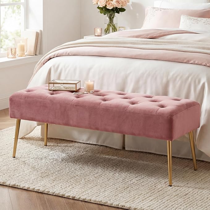 DUHOME Modern Velvet Ottoman Bench, Button-Tufted Upholstered Bedroom Benches,End of Bed Bench with Gold Base for Entryway Living Room Dining Room, Pink - Image 4