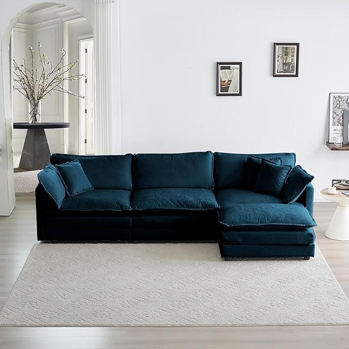 KEIKI Combination Sofa, Upholstered 3 Seater Couch, Oversized L Shaped Sectional Sofa with Reversible Ottoman for Living Room Bedroom Office, Blue