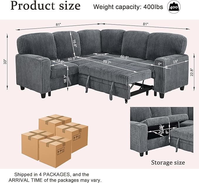 81" Modular Sectional Sofa, L-Shaped Convertible Sectional Sleeper Sofa Bed with Pull Out Bed, Storage Chaise, USB & Type-C Charging, 5-Seat Corduroy Couch for Living Room Apartment, Grey