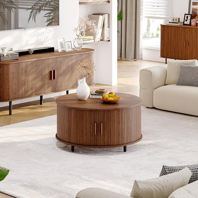 ONBRILL Round Coffee Table with Storage, 31.5" Modern Coffee Table with 360° Curved Sliding Door, Fluted Wood Accent Coffee Table with Adjustable Footpads, Round Center Table for Living Room, Walnut