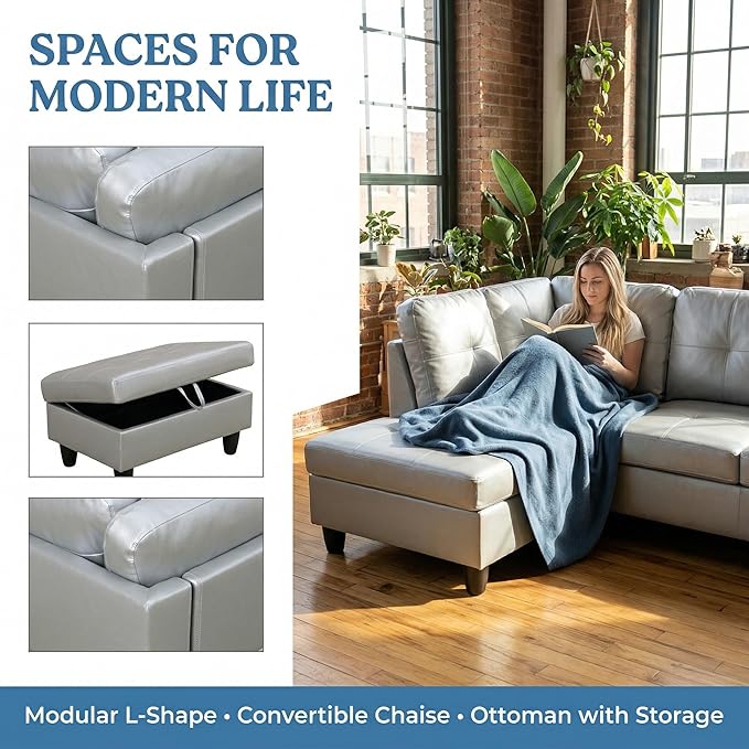 NicBex Modular L-Shaped Sectional Couches, 3-Piece Convertible Couch with Storage Ottoman, 4-Seat Comfy Sofa with Chaise for Living Room & Apartment, Silver