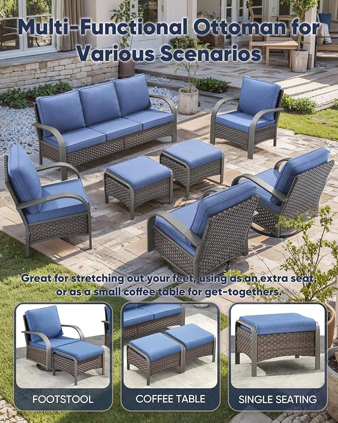 HUMMUH Outdoor Patio Furniture Sets-Wicker Patio Furniture Couch and Swivel Rocker Chairs Conversation Set for Deck Porch Garden Poolside Backyard-Brown/Blue