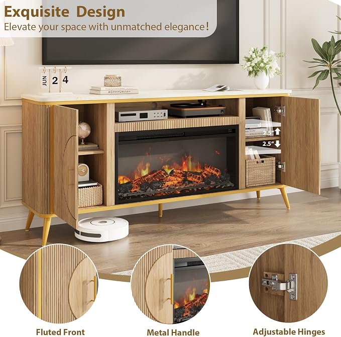 Fluted Fireplace TV Stand Up to 80" TVs, Modern Entertainment Center with 30" Electric Fireplace, Luxury Media Console with Adjustable Shelves for Living Room, Nature Oak - Image 6