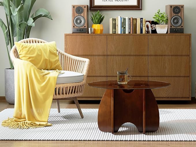 Round Glass Coffee Table Brown Glass Modern Center Tables for Living Room Small Spaces Creative Unique Accent Table Extendable Home Furniture