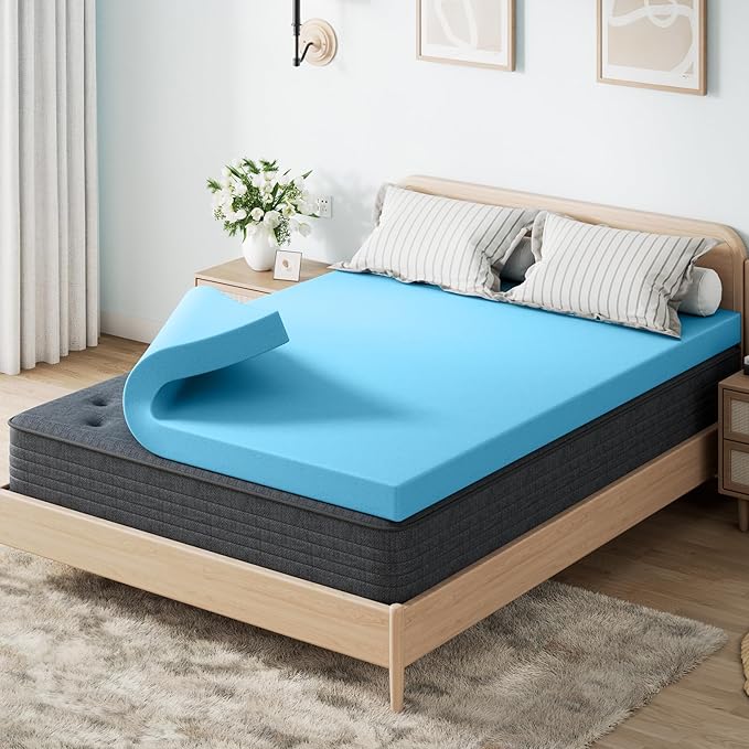 OhGeni Memory Foam Mattress Topper Pad, Soft Bed Cover with Anti-Slip Base, Size Queen, Style 2 Inch with Cover