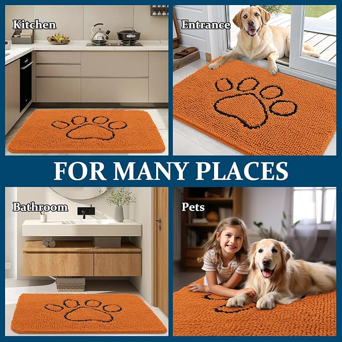 OLANLY Dog Door Mat for Muddy Paws 48x30, Paw Print Design, Absorbs Moisture and Dirt, Absorbent Non-Slip Washable Doormat, Quick Dry Chenille Mud Mat for Dogs, Entry Indoor Entryway Carpet, Clay - Image 8