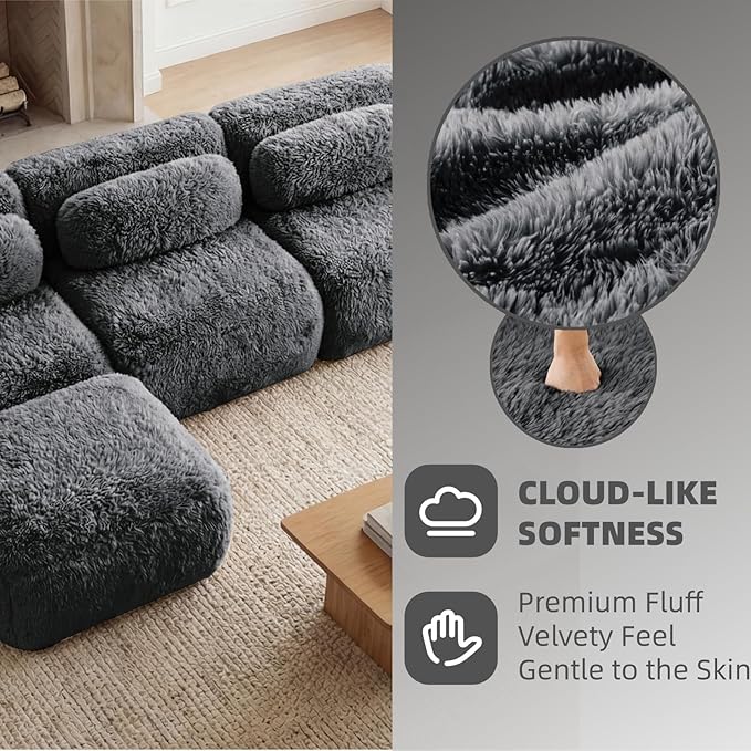 114.7" L-Shaped Boneless Modular Sofa, Plush Foam Lounge Couch, 32D High Density Sponge, Plush Convertible Sofa Set Deep Seat Couches for Living Room, Bedroom and Apartment, Dark Grey