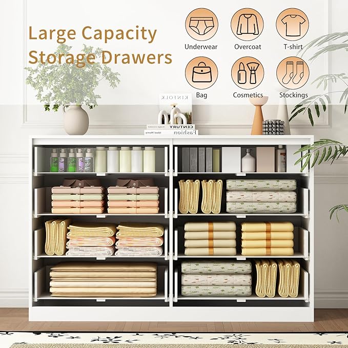 8 Drawer Dresser and Nightstand Sets for Bedroom, 3 Pcs Bedroom Set，Night Stand Set of 2 & 8 Drawer Dresser with Gold Handles, Modern Wood Chest of Drawers Storage Cabinet Set, White