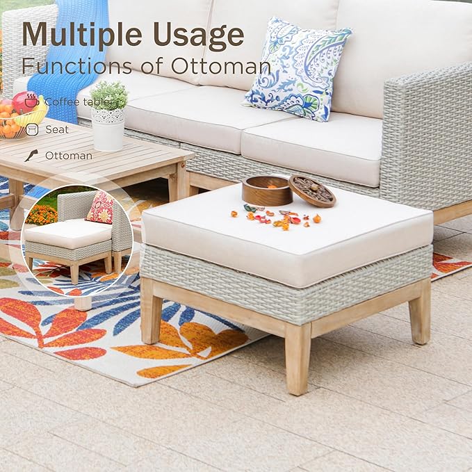 PHI VILLA All Weather Wicker Patio Furniture Sets, 5 Pieces Outdoor Natural Rattan Sectional Sofa Conversation Set with Acacia Wood Coffee Table & Waterproof Cushions, 2 Ottomans for Apartment Balcony