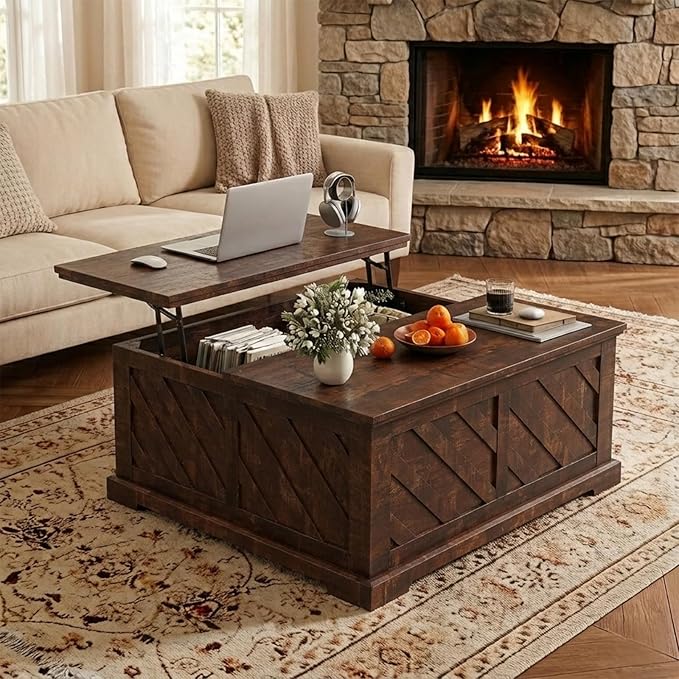 Amada Lift Top Coffee Table with Storage, Smooth Lifting Center Table with Hidden Compartment, Diagonal Pattern Wood Coffee Table for Living Room and Home Office, Rustic Brown