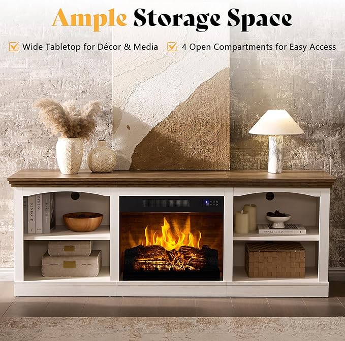 AMERLIFE 70" Farmhouse Fireplace TV Stand for TVs up to 80", Entertainment Center with 23" Fireplace, Open Shelves, One-Box Delivery, Media Console Table for Living Room, Distressed White - Image 4