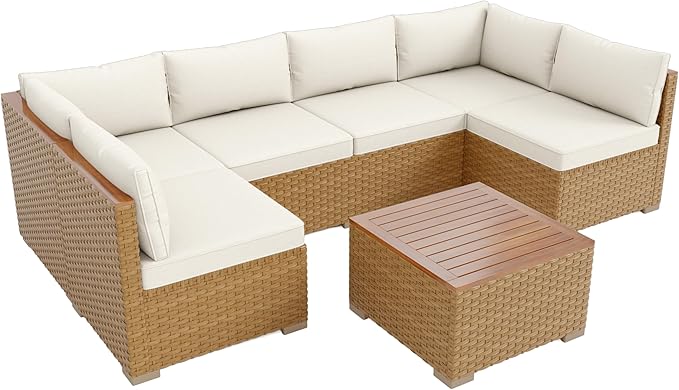 Wicker Outdoor Patio Furniture Set 7 Pieces Patio Chaise Longue Conversation Set, Rattan U-Shaped Sofa Couch with Acacia Wood Coffee Table for Deck Porch and Garden