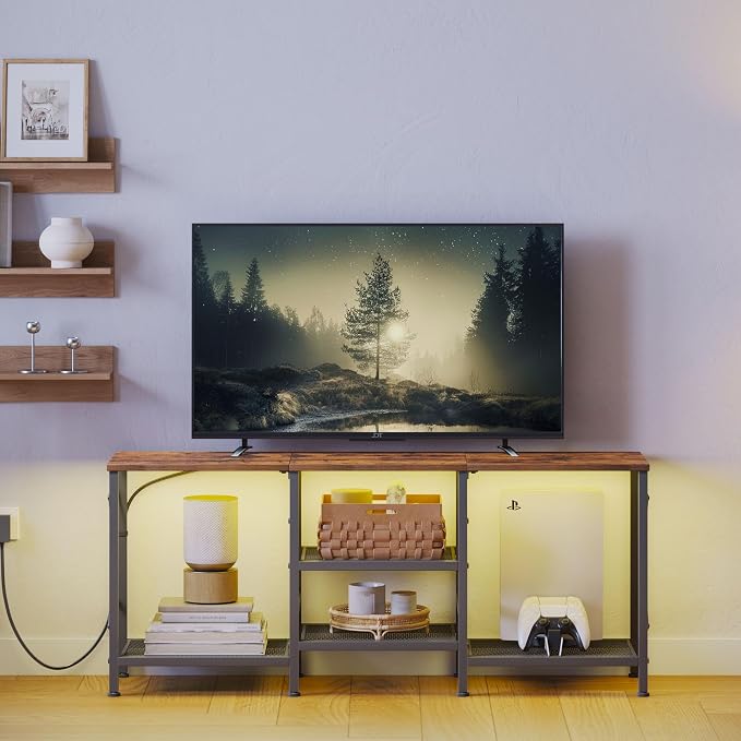JARHETUN TV Stand with LED Lights for 55 Inch TV, Entertainment Center with 3-Tier Open Shelves, TV Console Table for Living Room, Bedroom, Rustic Brown - Image 2