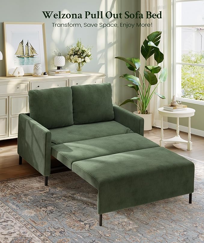 47.2" Convertible Sofa Bed Couch, Comfy Corduroy Couch Bed, All in 1 Loveseat Sleeper Sofa, Love Seat Sleeper Bed with 2 Pillows, Modern Couches for Living Room/Apartment/Home/Office, Green