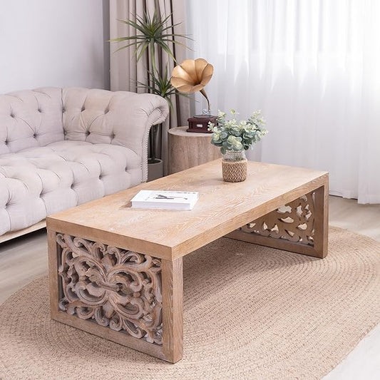Rectangular Coffee Table with Handcrafted Ornate Side Panels, Rustic Center Table with Solid Wood Veneered, Farmhouse Tea Table for Living Room Office Apartment,47.2" L x 23.6" W x 17.9" H
