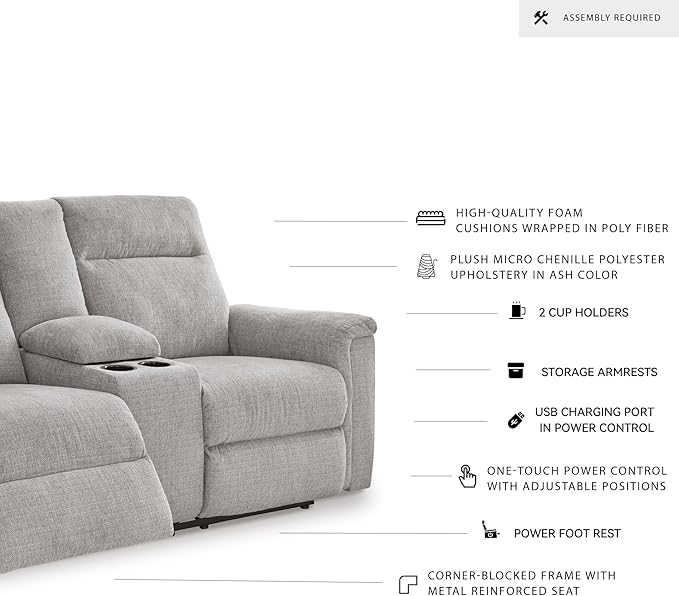 Signature Design by Ashley Barnsana Minimalist Power Reclining Loveseat with Console and USB Charging Ports, Light Gray