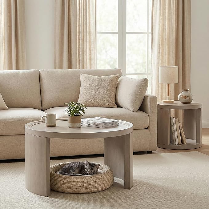 Round Nesting Coffee Table Set of 2, Gray Coffee Table, 31.5" Large & 18" Small Low Tables with Wood Top, Center Table for Living Room, Bedroom, Minimalist Center Table Set