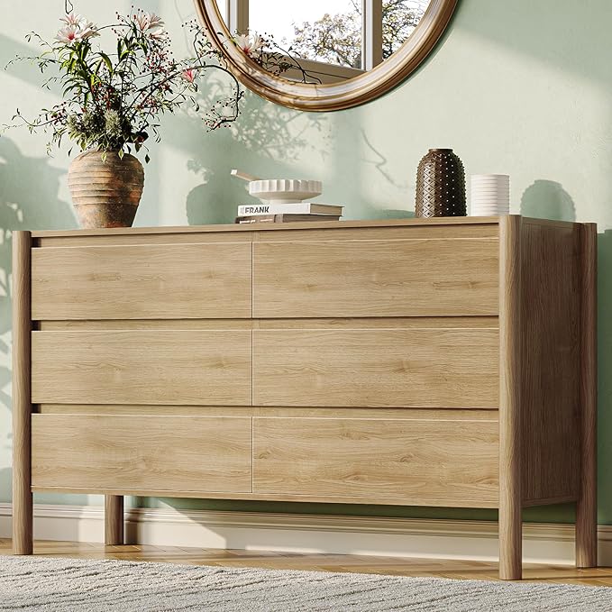 CHUWELL 3-Piece Bedroom Dresser Set-6 Drawer Dresser & 2 Nightstands,47" Wide Dresser and Night Stands with Solid Wood Cylindrical Legs,Rustic Wooden Storage for Bedroom(Oak)