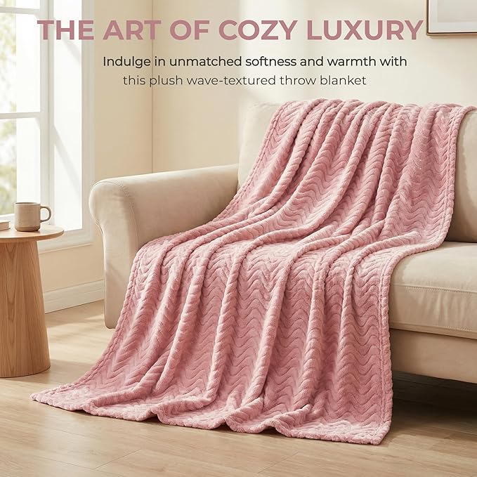 Exclusivo Mezcla King Blanket for Bed, Cozy Lightweight Fleece Blankets for All Season, Decorative Giftable Fuzzy Plush Wave Textured Suitable for Women, Men, Pink, 90x104 Inches