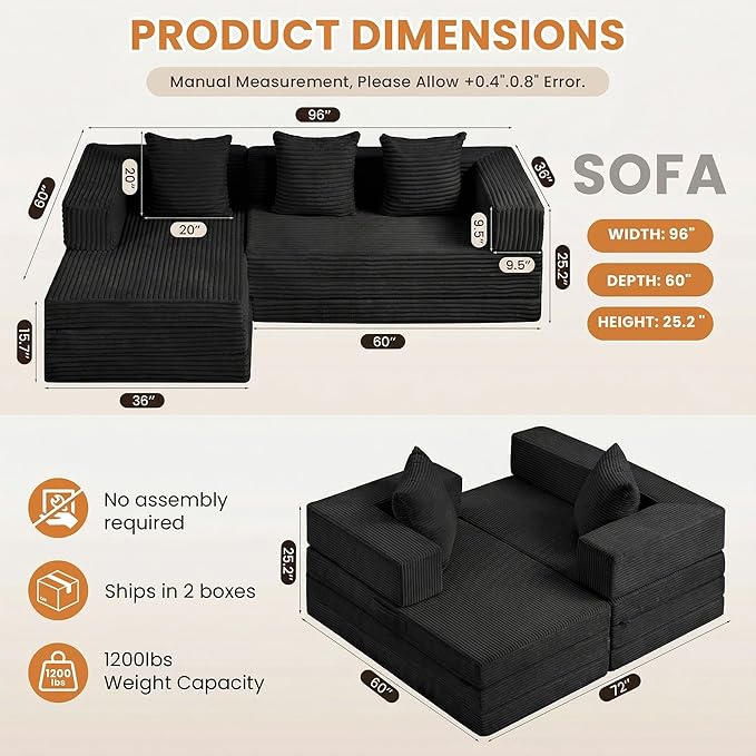 Modular Sectional Sofa, Boneless Convertible Oversized Sleeper Sofa Bed, Modern Tri-Folding Cloud Couch with L-Shape Chaise, Corduroy Futon Couches for Living Room Small Spaces Apartment,No Assembly