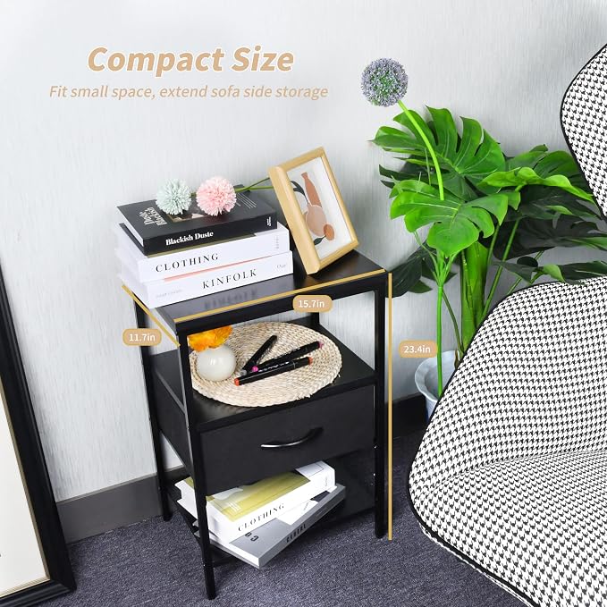 Black Nightstand with Fabric Drawer and Wood Shelf, Waterproof Surface Bedside Table, Eco-Friendly Small Side Table for Bedroom - Image 4