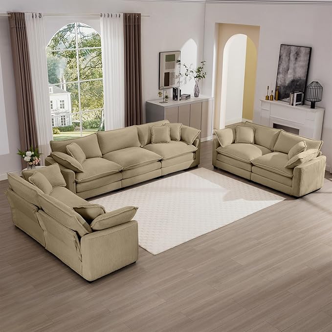 KEIKI 3-Piece Sofa Set with 1 Oversized Corduroy 3-Seater Sofa & 2 Loveseat Sofa, Upholstered 7-Seater Couch Set with 13 Pillow, High-Density Foam Cushions, Removable Armrests, for Living Room, Tan