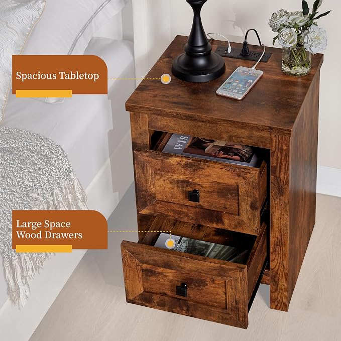 AMERLIFE Nightstand Set of 2 with Charging Station, Rustic Bedside Table with Drawers Storage, Farmhouse Wood Night Stand for Bedroom, Rustic Brown - Image 4