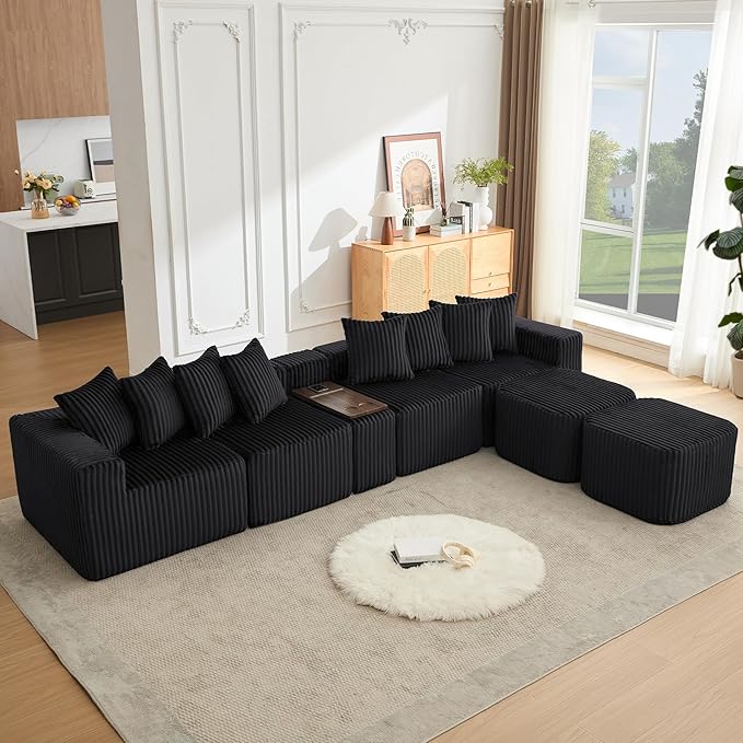 Oversized Cloud Modular Sectional Sofa Boneless Couch with Movable Ottomans,Free Combination Memory Foam Floor Couch with Charging Port & Cup Holders for Living Room | Coffee Table Board, Wireless Charge, No Assembly