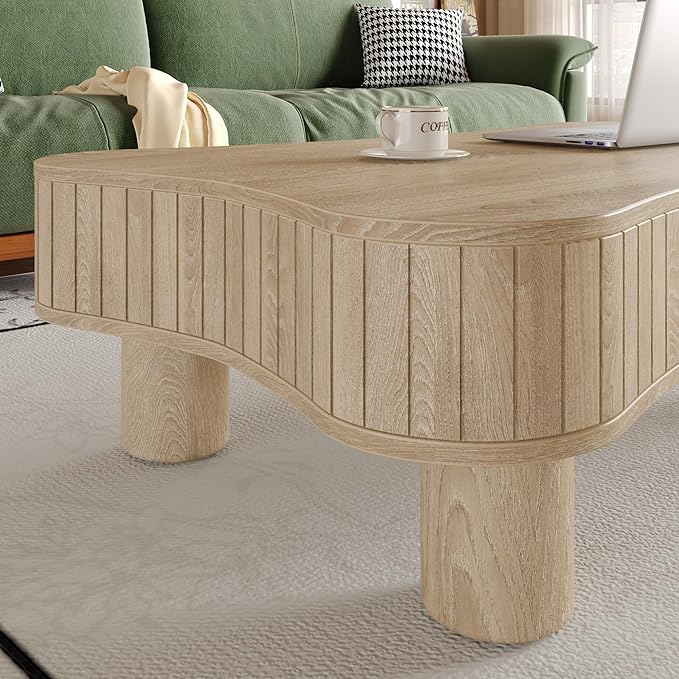 42.52'' Cloud Coffee Table with Lifting Top for Living Room Irregular Coffee Table with Storage Modern Low Cute Wooden Fluted Center Tables Pull Up Tables Grey