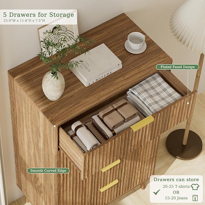 LYNSOM Fluted Dresser and Nightstand Sets 3 Piece, 5-Drawers Dresser and 2-Drawer Nightstands Set of 2, Wood Bedroom Furniture Set for Home, Bedroom, Hallway, Walnut