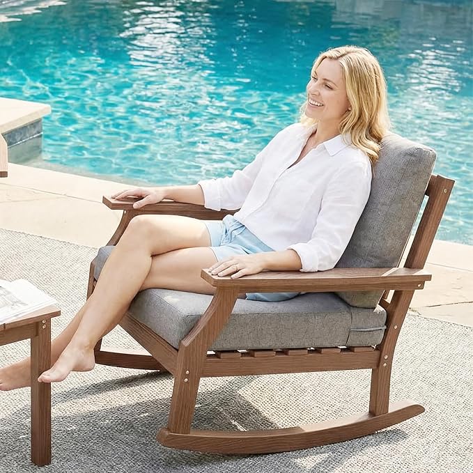 HDPE Patio Conversation Set, 3-Piece All Weather Outdoor Furniture Set with 1 Single Sofa，1 Rocking Sofa for Deck, Lawn, with Cushion, Brown