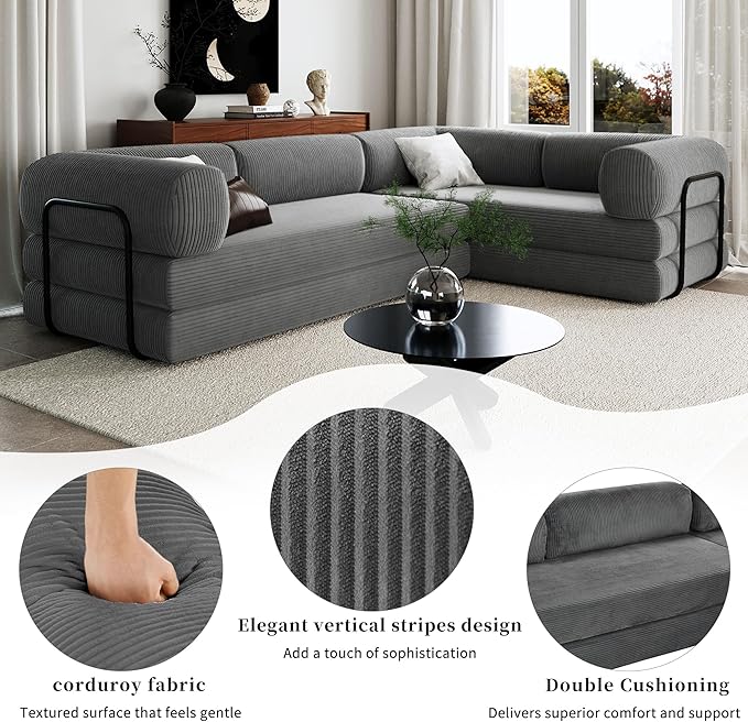 Merax L-Shaped Modular Sofa Bed in Corduroy Fabric, Convertible Sleeper Sofa Bed, 4 Seat Floor Couch for Living Rooms and Apartments, No Assembly Required, Gray