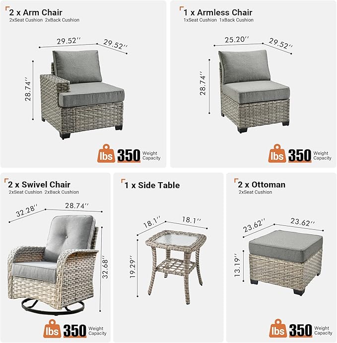 ovios 8 Piece Patio Sectional Furniture with Swivel Rocking Chairs, Rattan Wicker Coversation Set with Glowing Coffee Table, Outdoor Sofa Set for Outside Porch Balcony Backyard Pool, Dark Grey