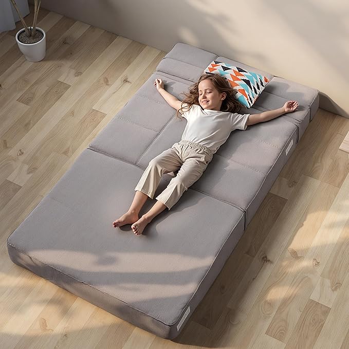 ARTPLAN Fold Sofa Bed-Sleeper Single with Pillow, Modern Futon Sleeper Chair Guest Bed with Washable Linen Cover, Foldable Mattress for Living Room, Dorm, Apartment,Light Gray