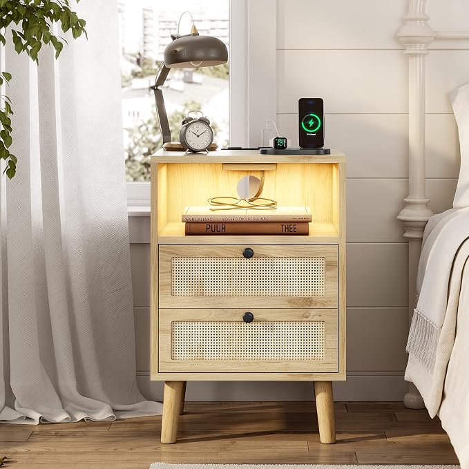 AOGLLATI Rattan Nightstands Set of 2 with Charging Station and LED, Bed Side Tables with 2 Drawers and Open Storage, Wood End Tables, Organic Modern Night Stands for Bedroom - Image 3