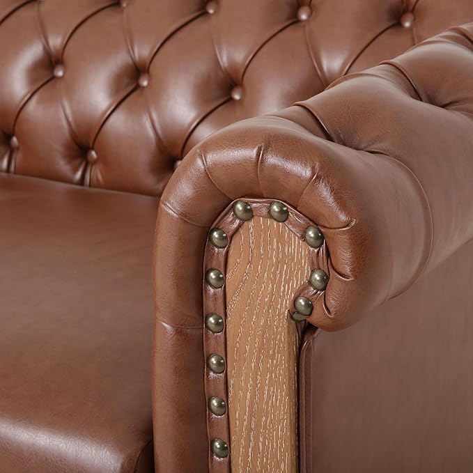Merax 3 Seat PU Chesterfield Sofa, Retro Style Upholstered Leather Couch Rolled Arm for Living Room Bedroom Office, Light Brown