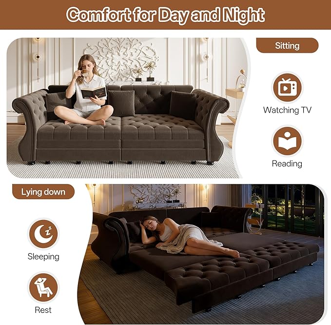 Eafurn Oversized 4-Seater Chesterfield Loveseat Convertible King Size Sleeper Couch Bed,Classic Tufted Velvet Pull Out Loveseat Sofa Bed with Roll Armrest and Solid Wood Legs