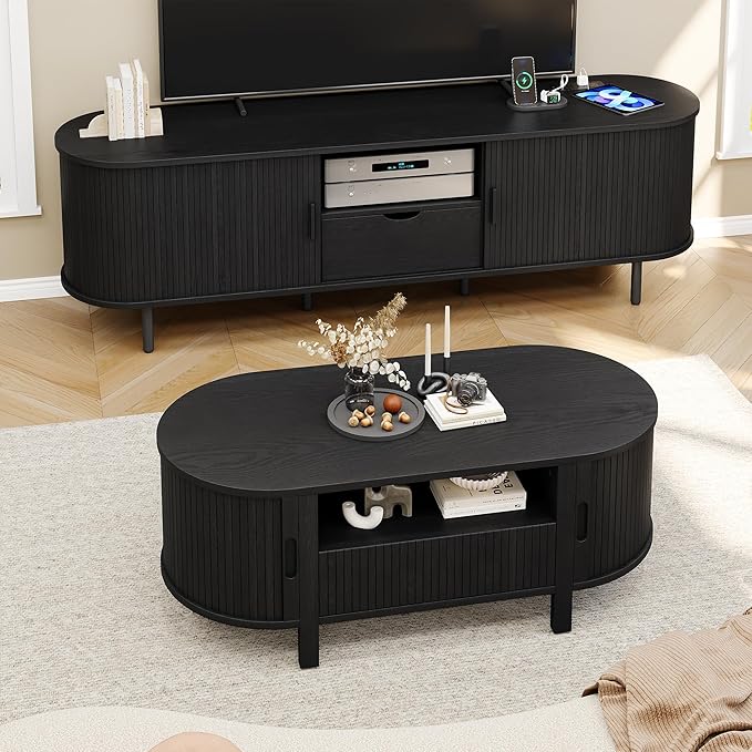 47" Oval Coffee Table, Tambour Design Coffee Tables for Living Room, Mid Century Modern Wood Coffee Table, 3-Tier Accent Center Table with Storage, Large Drawer, Black