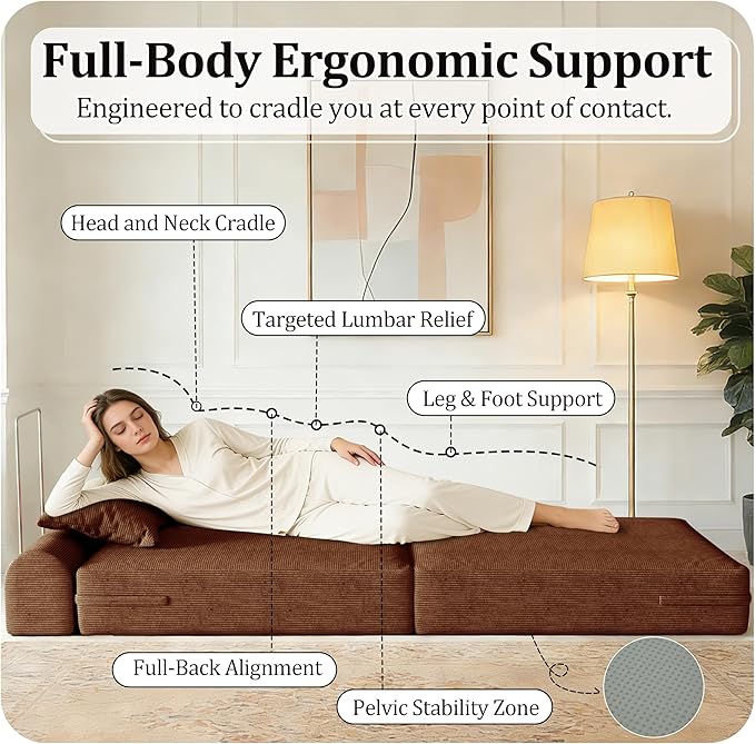31.5'' Convertible Compressed Corduroy Folding Sofa Bed, Modern Boneless Pull Out Sleeper Sofa Couch in a Box, 3 in 1 Portable Lazy Floor Lounge Chair, No Assembly Needed, Caramel, Pillow, Single