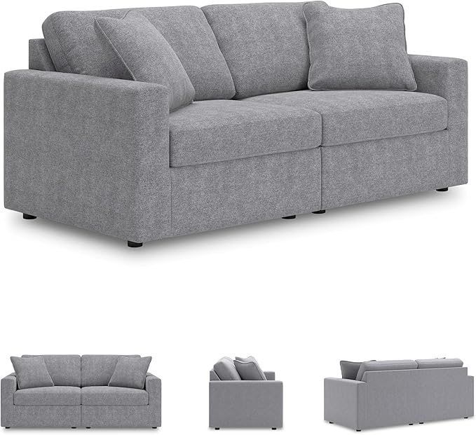 Signature Design by Ashley Modmax Casual Modular Stain Resistant 2-Piece Loveseat with Removable Covers and 2 Accent Pillows, Light Gray
