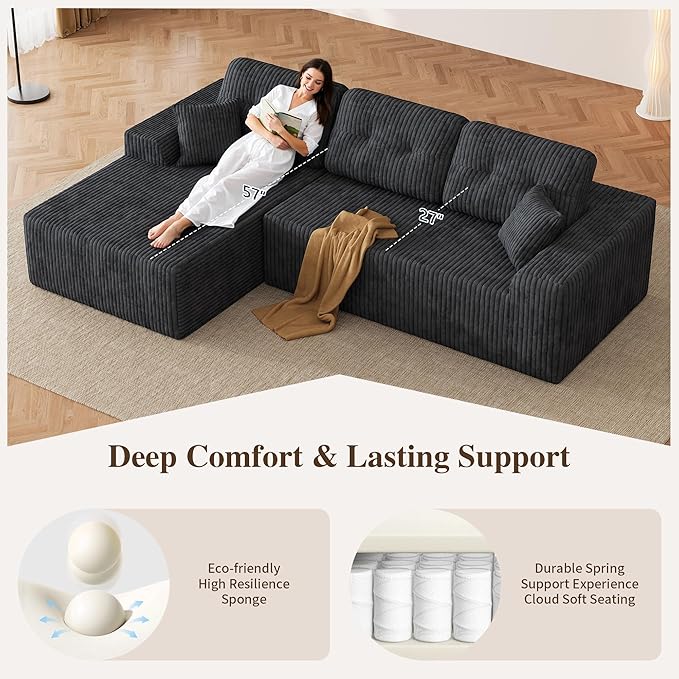 Ball & Cast 106" Boneless Sectional Sofa, Corduroy Modular L Shaped Couch with Deep Seat Chaise, Cloud Style Oversized Sofa for Living Room, No Assembly, Left Facing, Grey
