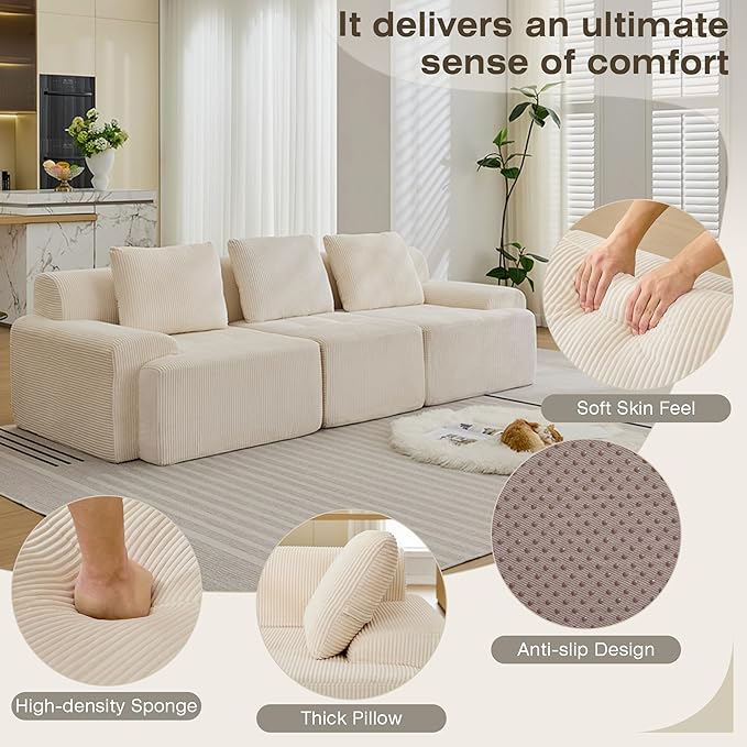 Modular Sectional Sofa, Boneless Couches for Living Room, Corduroy Couch, Big Comfy Couch, Modular Cloud Sofa with Deep Seat (White, 3 Pieces-Rowshape)
