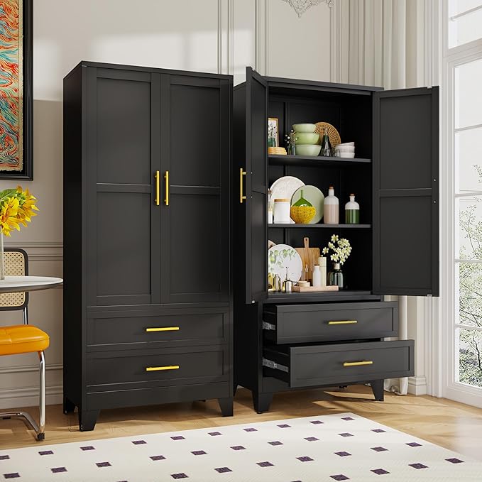 GAIOUS Steel Pantry Cabinet, 71" Metal Storage Cabinets with 2 Doors, 2 Adjustable Shelf and 2 Drawers, Freestanding Storage Cabinet for Bedroom, Kitchen, Home Office (Black)