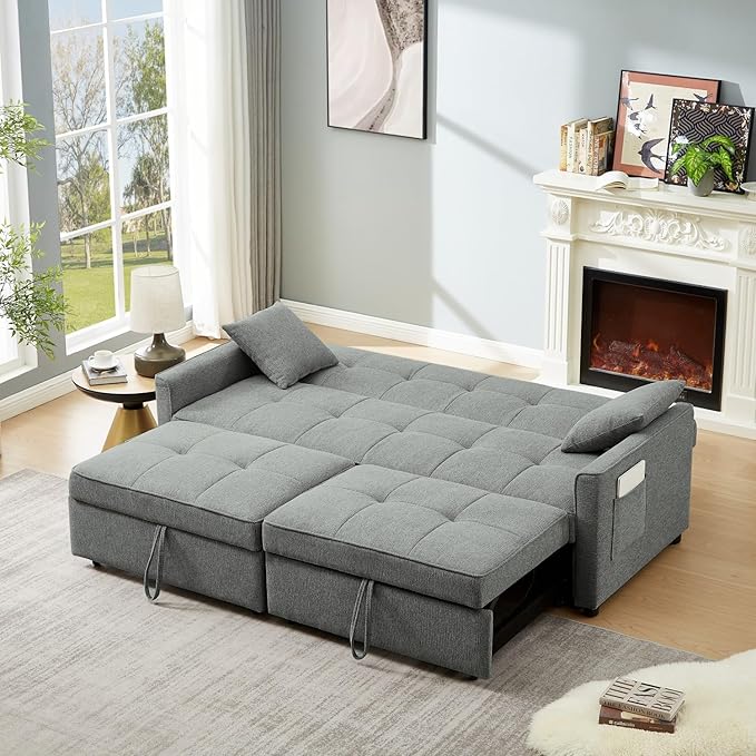 82" 3 in 1 Convertible Sleeper Sofa Bed, Modern Fabric Pull Out Couch, Loveseat Sofa with Pillows & Pockets, Futon Couch Bed Reclining Backrest for Living Room, Bedroom, Apartment, Grey